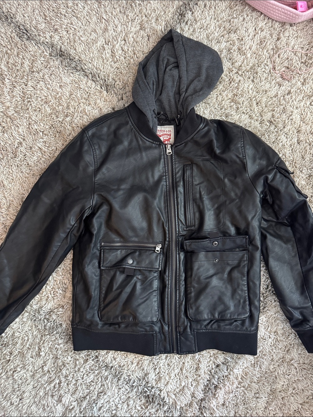 Levi's Black Faux Leather Bomber Jacket with Gray Hood